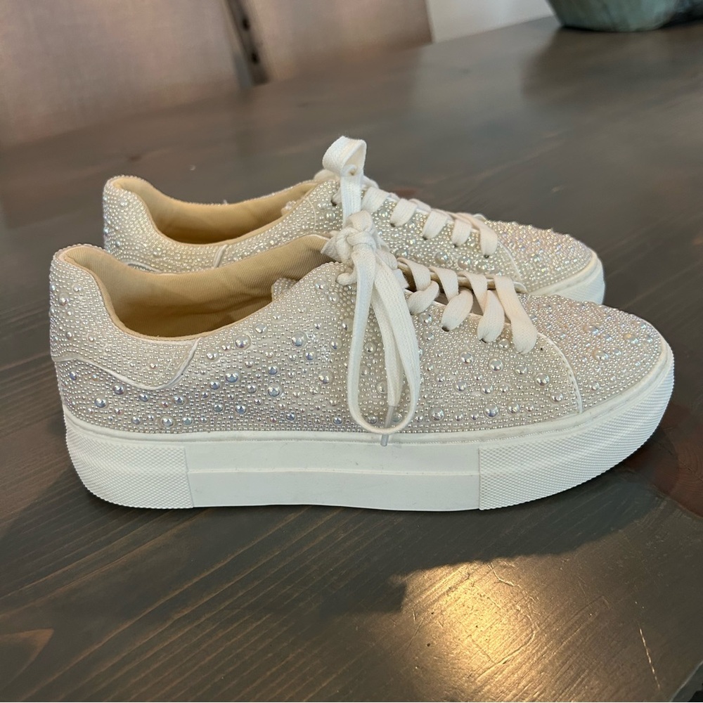 Betsey Johnson Cream Rhinestone Platform Sneakers